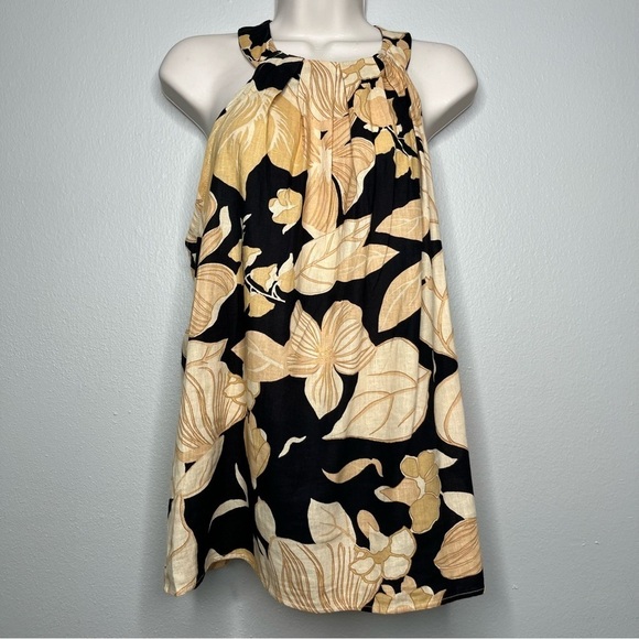 Rachel Zoe Women Halter Neck Linen Top Large Black Floral Tan Resort Summer‎ - Picture 1 of 8